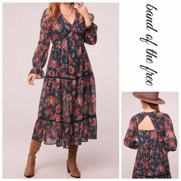 Run the World Pine Paisley Empire Waist Midi Boho Dress Size Small NWT - Picture 1 of 14